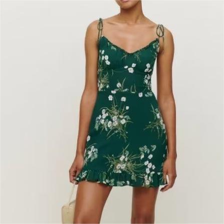 Fresh Slim Fit Slimming Short Pastoral Ruffled Printing Slip Dress Summer