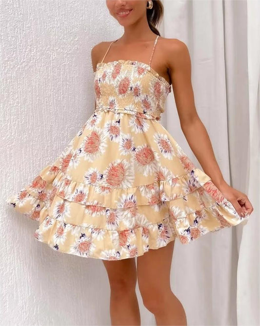 Spring Sexy Criss Cross Backless off Neck Floral Print Dress
