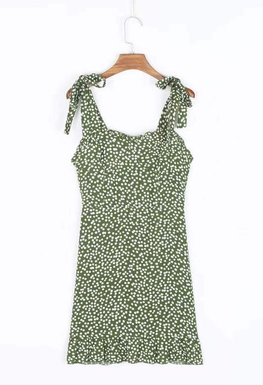 Early Spring French Vacation Green Bottom White Dots Wide Brimmed Lace up Back Elastic Dress