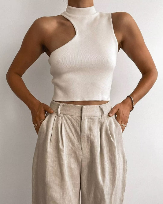 Summer Asymmetric Small Turtleneck Knitting Vest Women Slim Short Sleeveless Knitted Top