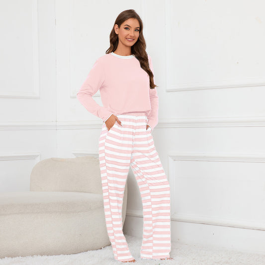 Round Neck Long Sleeve Top Striped Printed Lace up Trousers Homewear Pajamas Set for Women