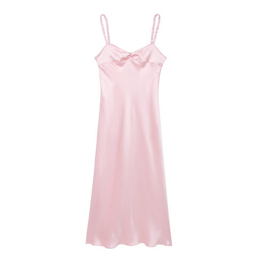 French Sweet Waisted Pink Tube Top Satin Suspender Dress Women Summer Waist Slimming Midi Dress