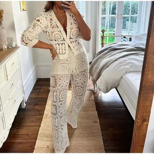 Spring V neck Long Sleeve Top Wide Leg Trousers Idle Three Dimensional Hollow Out Cutout Crochet Suit for Women
