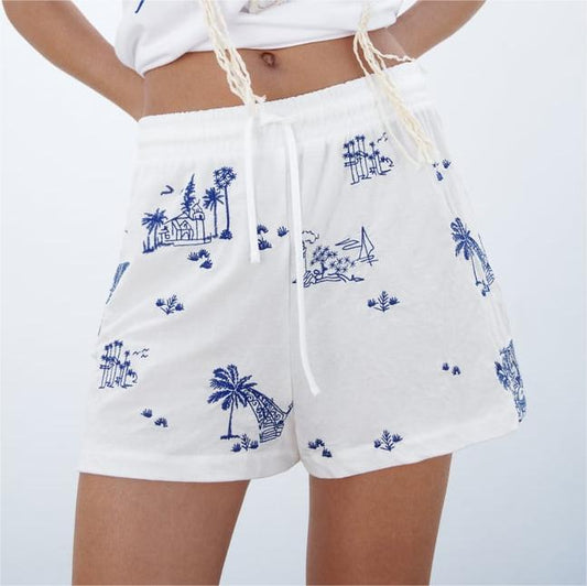 Spring Women Clothing Street Casual Pants Lace up Embroidered Shorts