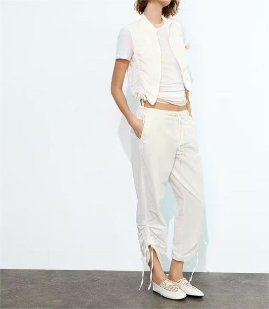 Spring Women Pleated Decorative Vest Pleated White Vest Casual Trousers