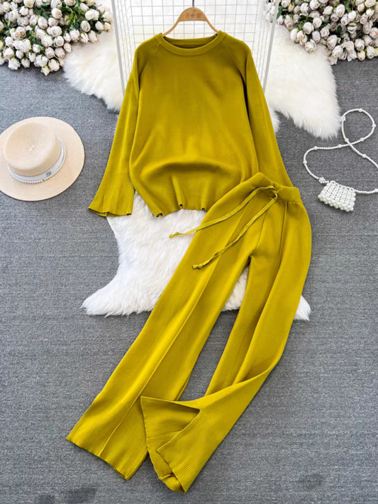 Women Spring Autumn Korean Style Long Sleeved Round Neck Loose Knitted Sweater Two Piece Set High Waist Straight Wide Leg Pants
