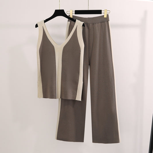 V Neck Vest Knitted Split Top Colorblock Wide Leg Pants Knitted Two Piece Set