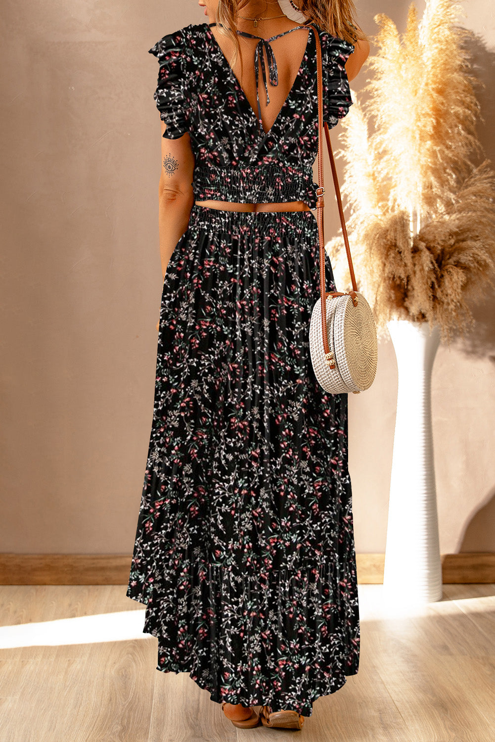 Summer Tight Waist Floral Split Dress Cropped Outfit Slimming Bohemian Dress
