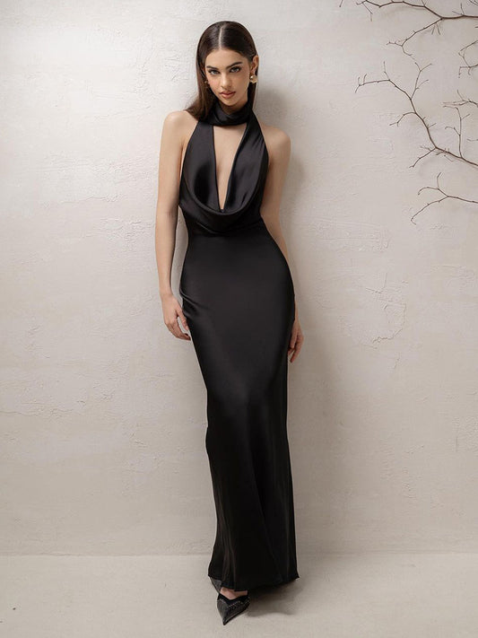 Women Clothing Spring Sexy Low Cut V Neck Halter Large Backless Satin Dress