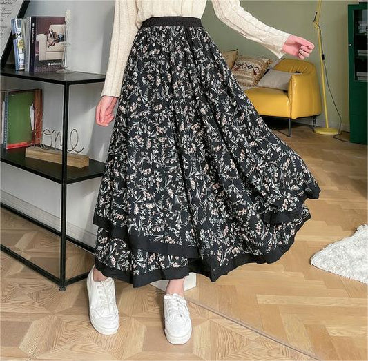 High Waist Slimming Mid Length Faux Two Piece Vintage Floral Stitching Big Swing Skirt Autumn Winter Women Skirt