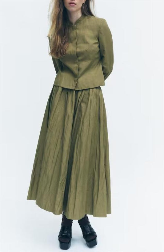 Summer Pleated Short Coat Contrast Color Waist Draped Skirt Set