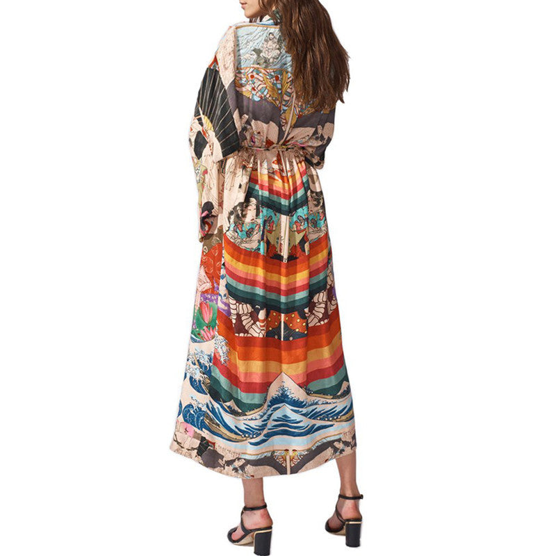 Kimono Quick-Drying Polyester Japanese Print Beach Cover up Vacation Cardigan Beach Cover Up Sun Protection Shirt