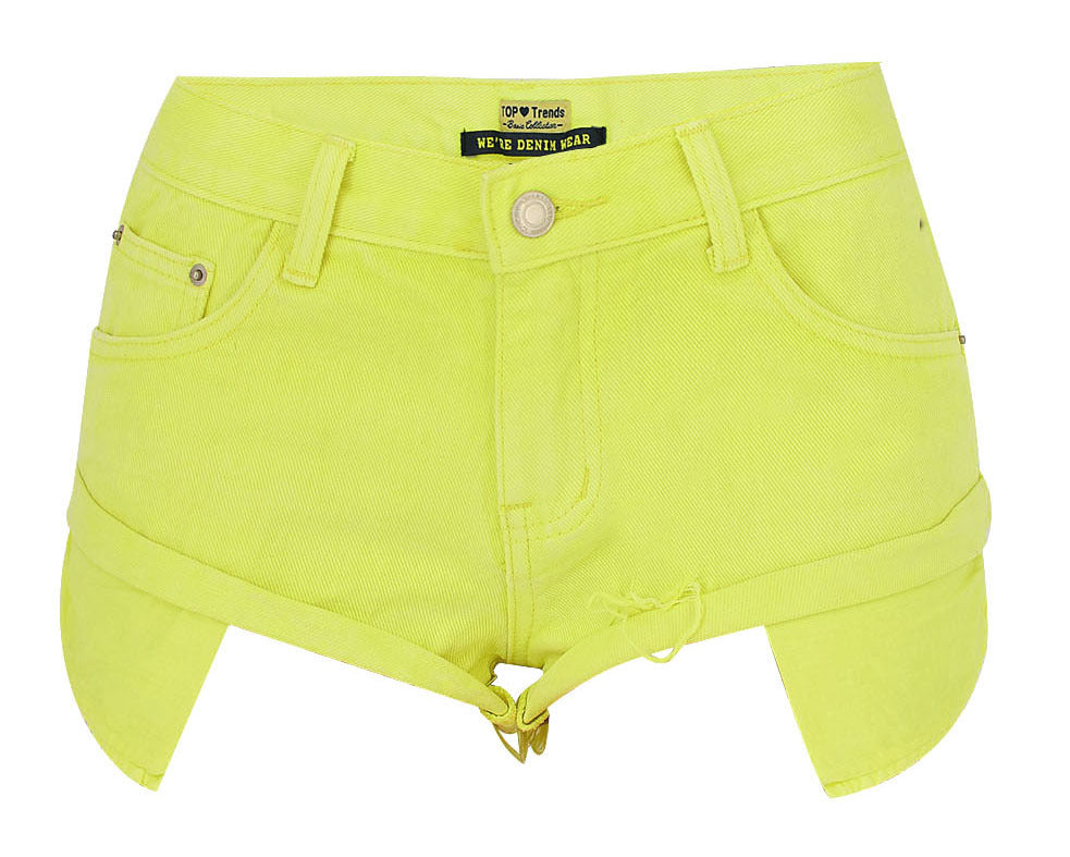 Women Clothing Sexy Denim Shorts Mustard Green Vacation Loose Non Elastic Curling Exposure Pocket Beach Pants