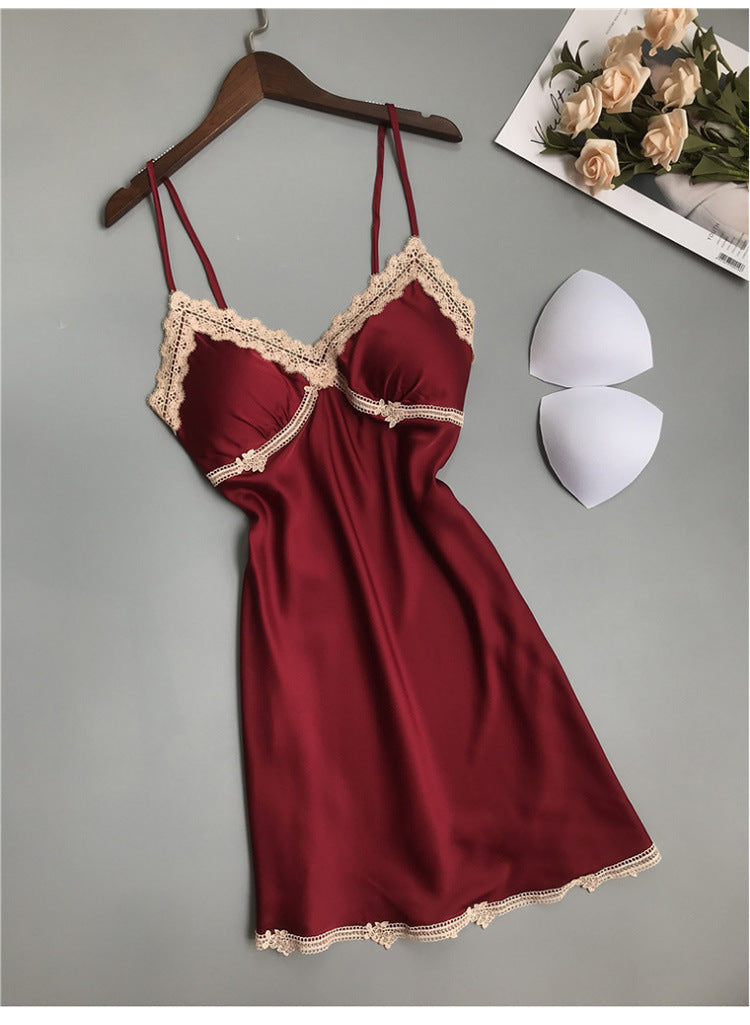 Spring Summer Silk Sexy Lace Backless Pajamas Small Chest Push Up Sling Chest Pad Ice Silk Nightdress Women Autumn