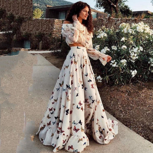 Butterfly Printed Two Piece Suit Bohemian Wide Hem Maxi Beach Suit