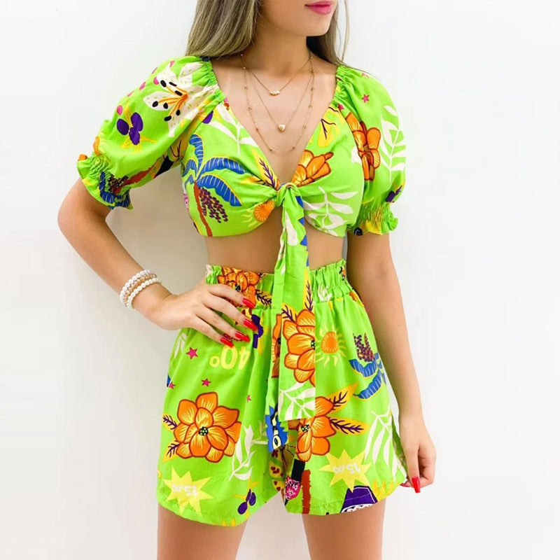 Women Lace up Short Summer Sleeve Printed Shorts V neck Top Two Piece Set for Women