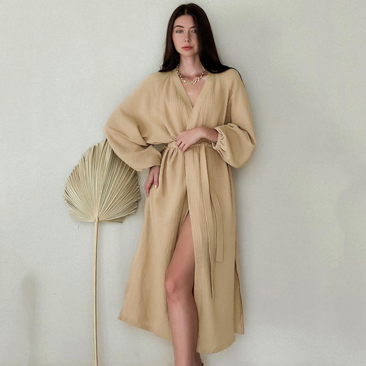 French Comfort Casual Double Layer Crepe Pajamas Cotton Puff Sleeve Stomach Blanket Skirt Women Confinement Clothing Can Be Outerwear Homewear