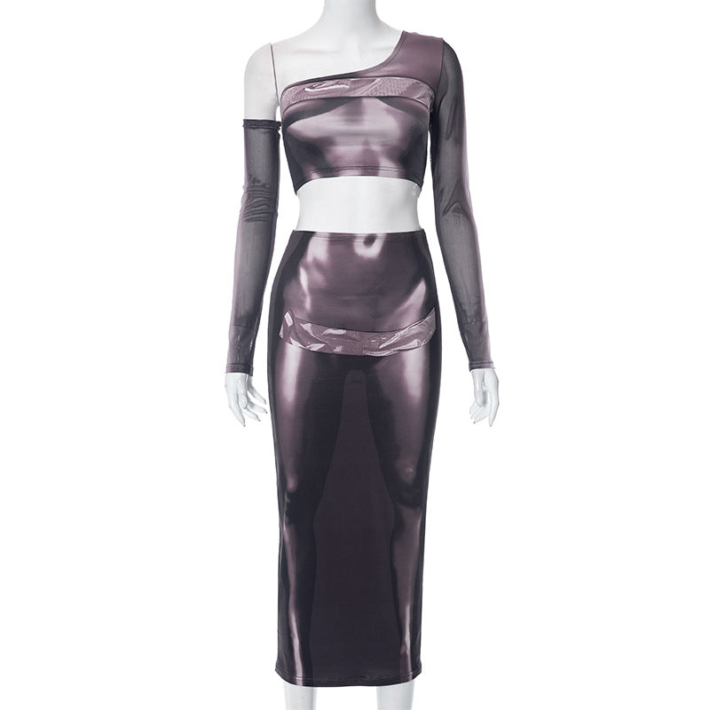 Women Clothing Three Dimensional Printing Oblique Shoulder Tops Long Sleeve Mid Length Skirt Set