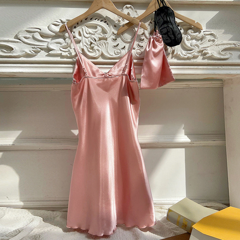 Spring Summer Inner Strap Dress Artificial Silk Mid Length Sexy Backless Home Dress Simple Strap Pink Nightdress