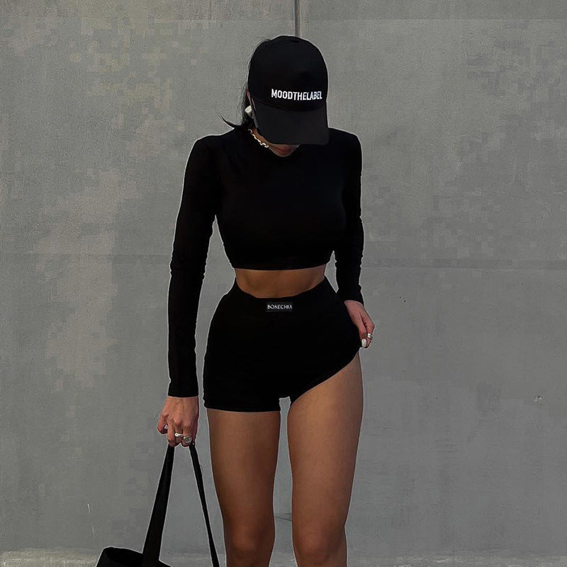 Knitted round Neck Long Sleeve Top High Waist Letters Printed Shorts Sports Two Piece Suit