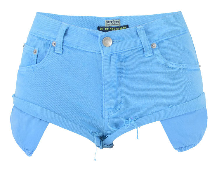Women Clothing Low Waist Sexy Denim Shorts Loose Non Elastic Curling Exposure Pocket Beach Pants Summer Macarons Blue