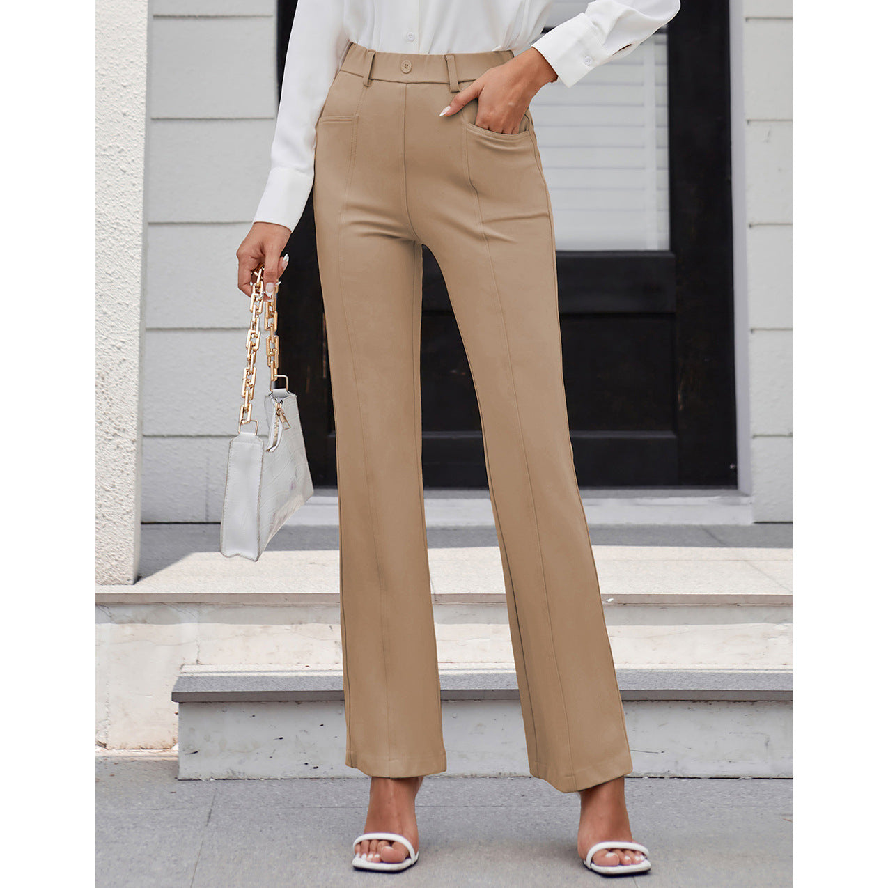 Women Clothing Solid Color Pocket Work Pant