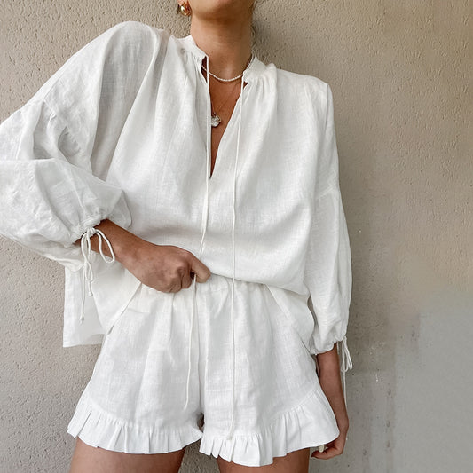Cotton Linen Solid Color Loose V neck Lantern Sleeve Shorts Two Piece Summer All Matching Sexy Tied High Waist Suit