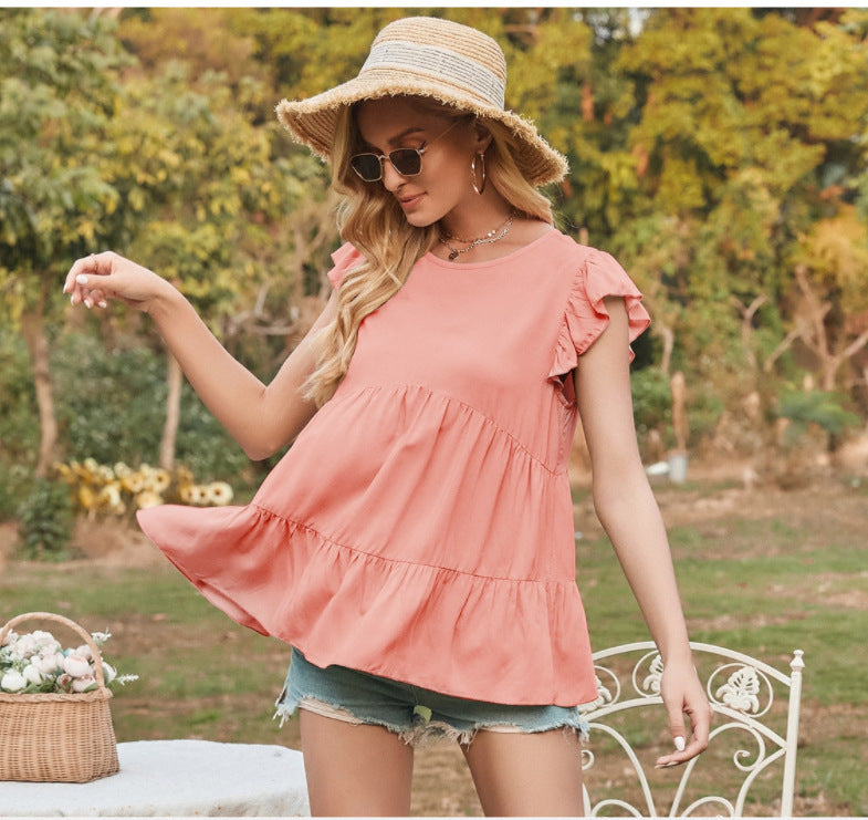 Summer Women Clothing Loose Round Neck Wooden Ear Sleeve Short Sleeve Top for Women