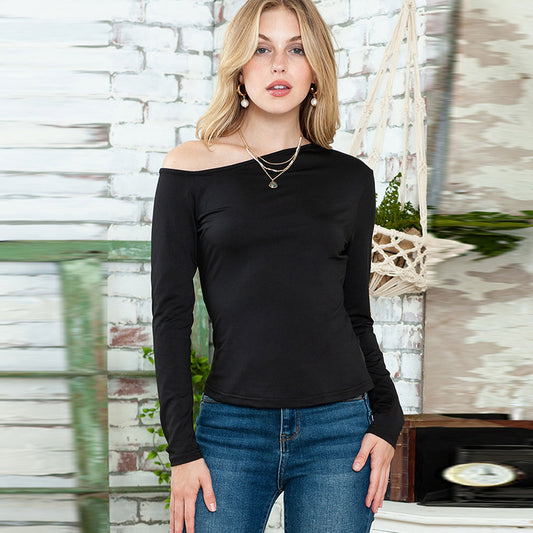 Autumn Solid Color Slim Bottoming Shirt Women Simple Asymmetric Slimming Long Sleeve Top Women