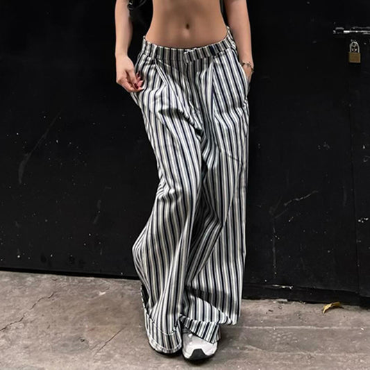 Sexy Striped Loose Casual Low Waist Tooling Waist of Trousers Head Pleated Design Wide Leg Straight Mop Pants