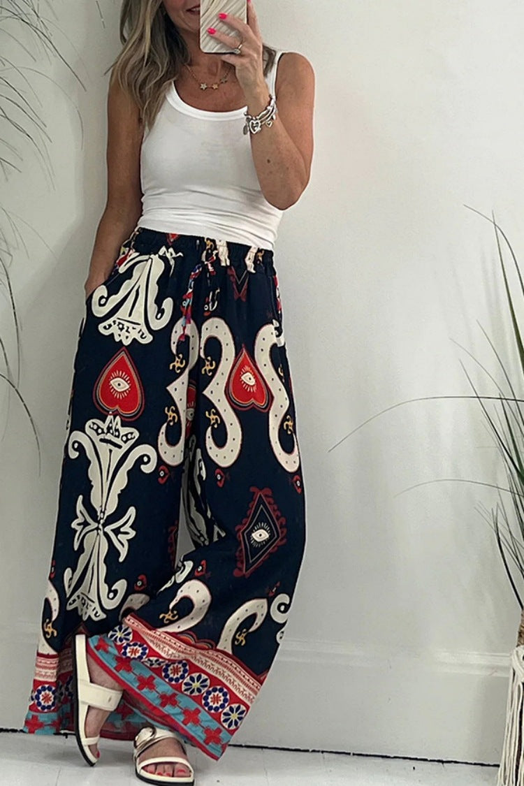 Summer Autumn Printed Pocket Casual Loose Wide Leg Pants Thin Women Trousers