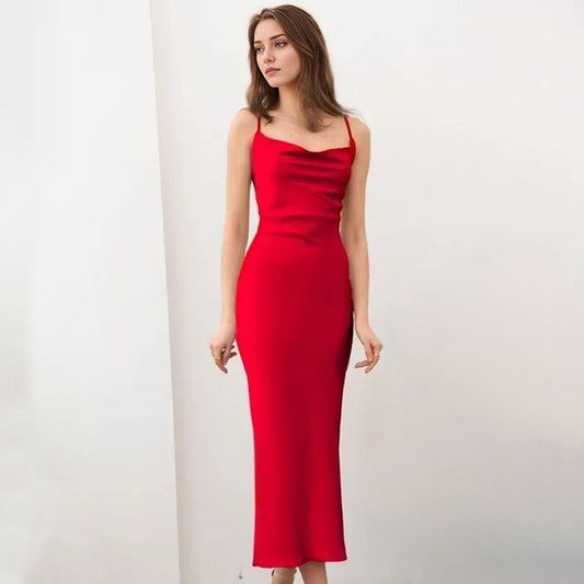 Spring Satin Little Red Dress Swing Collar Strap Fishtail Dress Chic