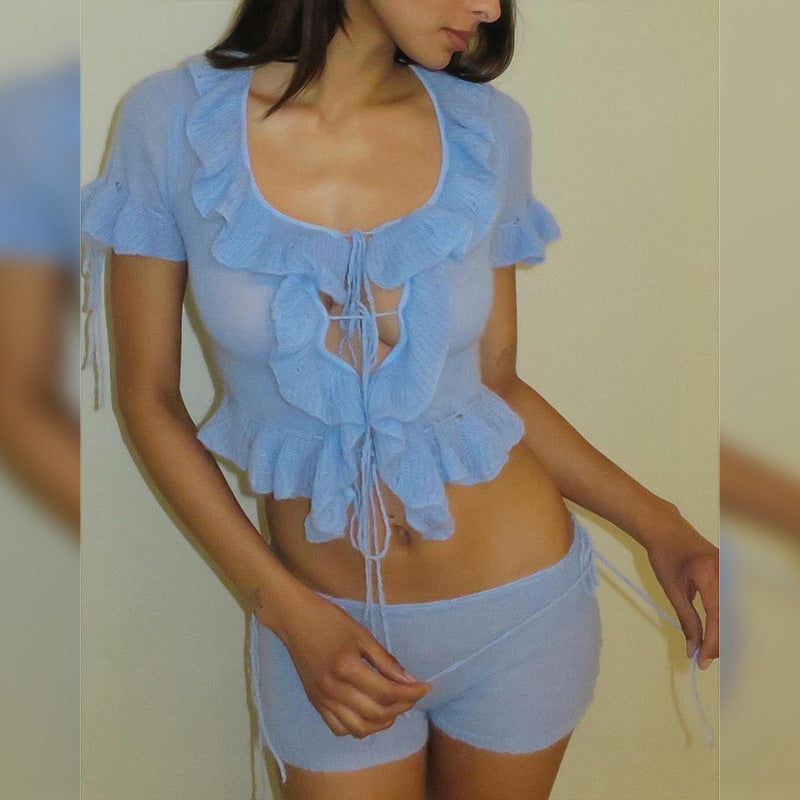Women Clothing Summer Sexy Solid Color Lace Band Cropped Square Collar Short Sleeve Shorts Suit