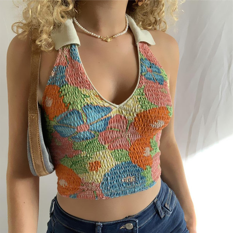 Summer Top Product Sexy Collared Halter Painted Print Slim Fit Sleeveless Short Vest