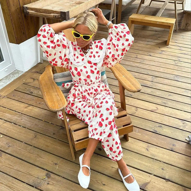 Women Strawberry Printed Peter Pan Collar Lace up Loose Top Ankle Banded Pants Spring Wear Suit