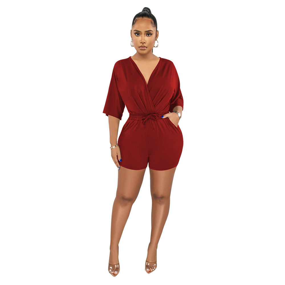Women Solid Color V Neck Fitted Waist Jumpsuit Casual Shorts