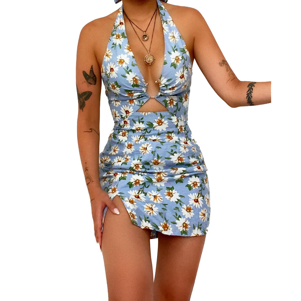 Summer Women Clothing Printed Sexy Halter Backless Dress Swimsuit