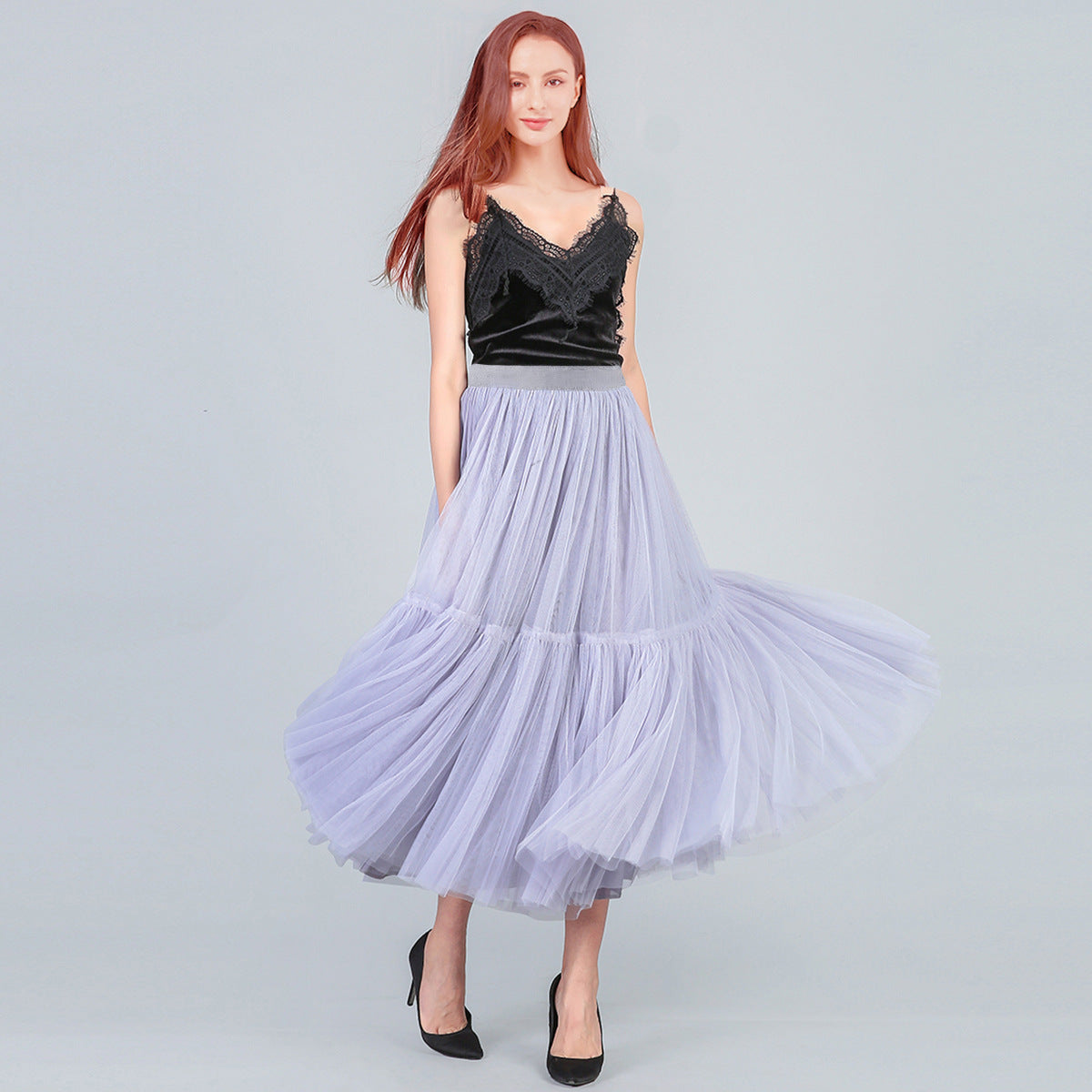 Women Clothing Long Floor Length Dress Oversized Swing Mesh Skirt Patchwork Maxi Dress A line High Waist Pettiskirt