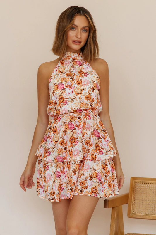 Summer New Sexy Backless Halter Strap Printing Sleeveless Dress for Women