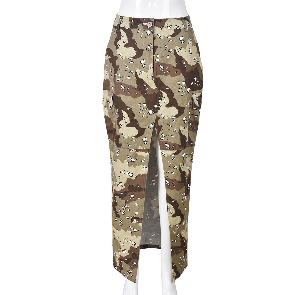 Women Clothing Spring Summer Personalized Camouflage Wash Pocket Zipper Split Skirt for Women