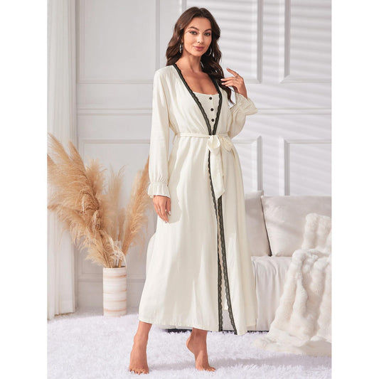 Simple Casual Mid Length Slip Nightdress Nightgown Women Two Piece Set Four Seasons Long Sleeve Women Home Pajamas