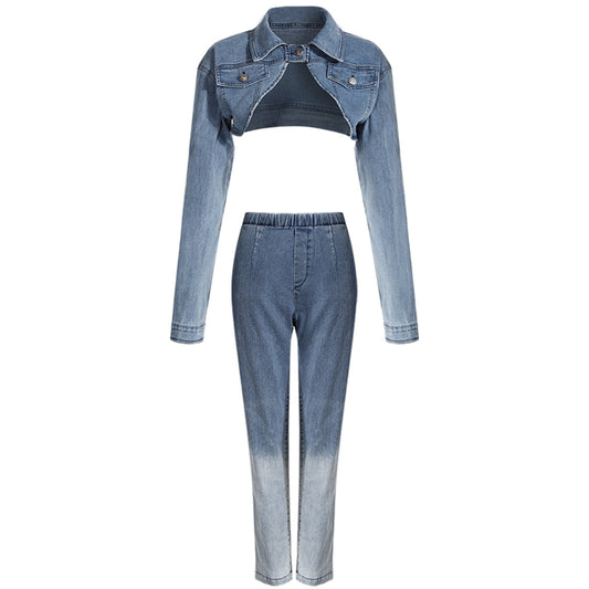 Two Piece Sexy Ultra Short Denim Jacket Collared Retro Long Sleeve Shawl Gradient Jeans Suit