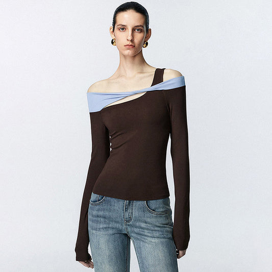 Autumn Winter Special Interest Design Contrast Color Single Shoulder Hollow Out Cutout Out Long Sleeve Top Women Slim Fit