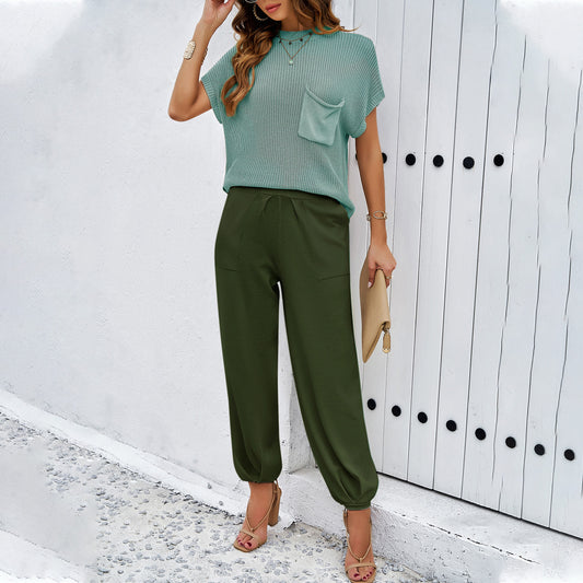 Women Clothing Spring Summer Casual Solid Color Woolen Trousers Set