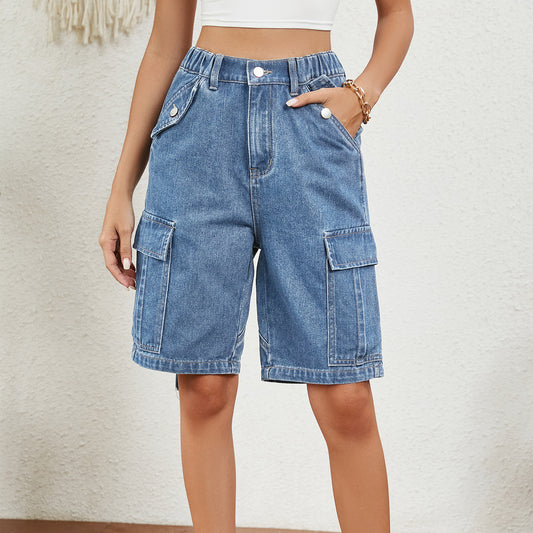 Women Clothing Summer Washed Personality Denim Cargo Pants Fifth Pants