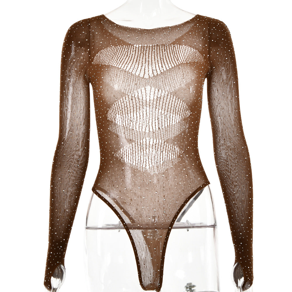 【MOQ-5 packs】 Autumn Sexy High Elastic Knitted Sheer Long Sleeve Hollow Out Cutout Rhinestone Jumpsuit for Women