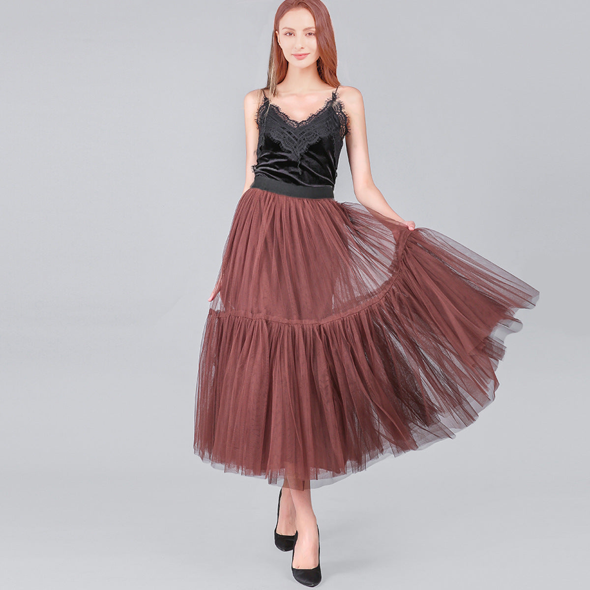 Women Clothing Long Floor Length Dress Oversized Swing Mesh Skirt Patchwork Maxi Dress A line High Waist Pettiskirt