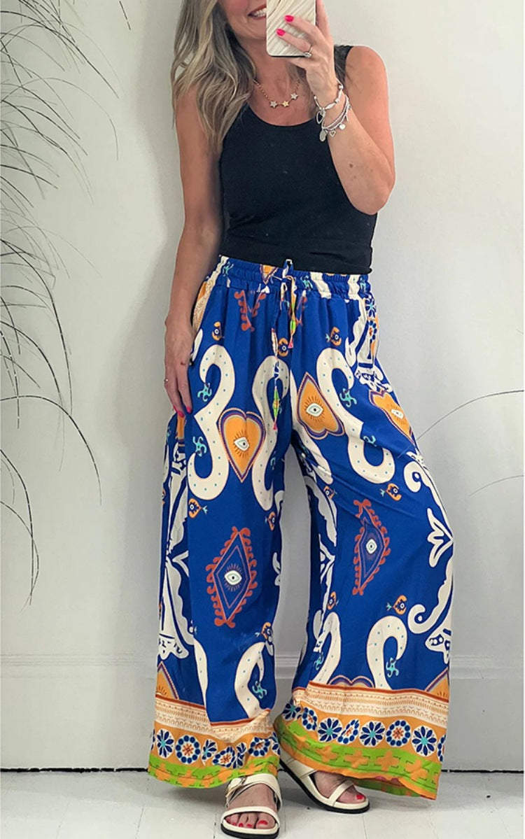 Summer Autumn Printed Pocket Casual Loose Wide Leg Pants Thin Women Trousers