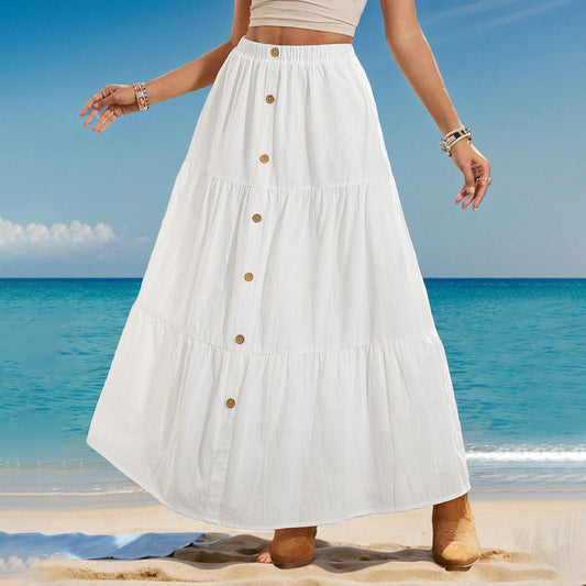 Women Clothing Elastic Waist Single Breasted Casual Holiday Cake Skirt Beach Skirt