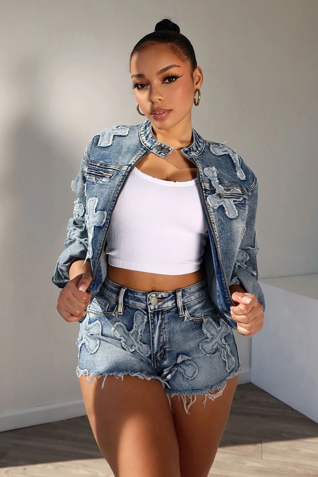 Embroidered Denim Suit Embroidery Cross Shorts Stretch Suit